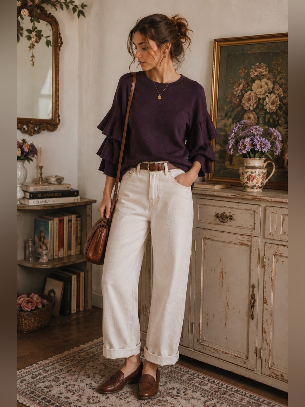 NWT! Olivia Sky Plum Purple Crew Neck 3/4 Ruffle Sleeves Sweater Size XS
